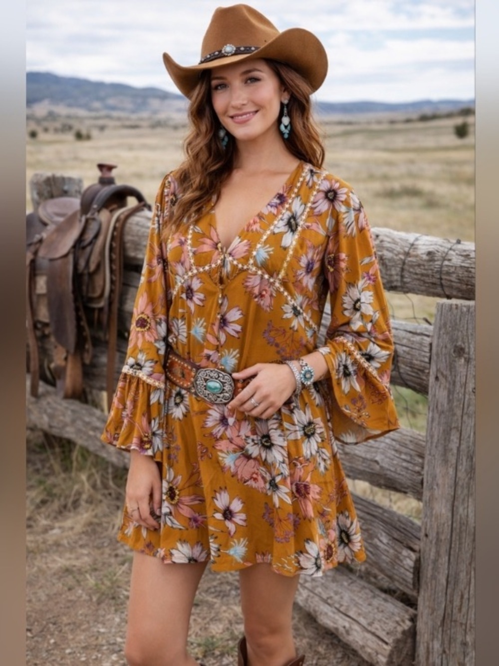 Entro Mustard Floral V-Neck Midi dress 🆕